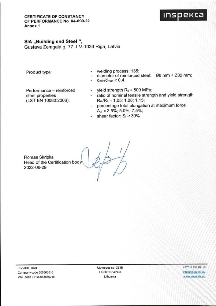 Inspekta certificate EN 10080